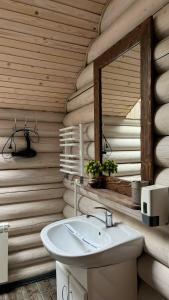 ein Badezimmer mit Waschbecken und Spiegel in der Unterkunft VIP HOUSES Карпати Мигово in Myhowe