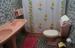 a bathroom with a sink and a toilet and a shower curtain at Hostal Casa Kolping in Arica