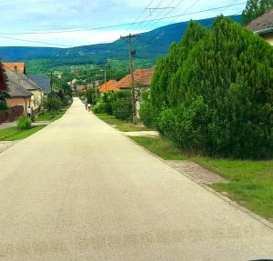 an empty road in a village with trees at Családi szálláshely a Pilisben in Piliscsév