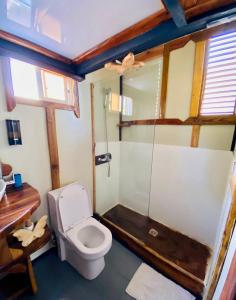 uma casa de banho com um WC e uma cabina de duche em vidro. em Baby Rustic em Punta Rucia