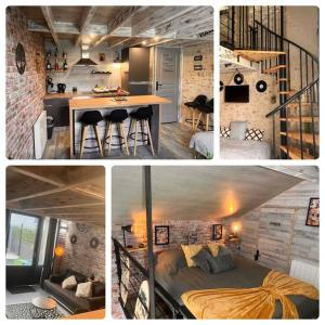 a collage of four pictures of a kitchen and a room at Top Loft Perles 4 des Châteaux in Mer