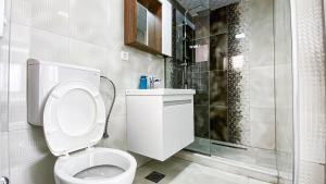 a white bathroom with a toilet and a shower at Vila Shogun in Ohrid +18 photos