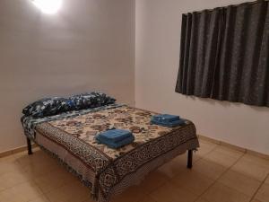 un letto in una camera con due cuscini blu sopra di Mi Casa por los Caminos del Vino 