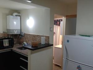 La cuisine est équipée d'un réfrigérateur blanc et d'un four micro-ondes. dans l'établissement Alegra Centro, à San Martín de los Andes