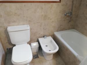 uma casa de banho com um WC, um lavatório e uma banheira em Alegra Centro em San Martín de los Andes