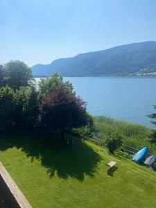 a view of a yard with a view of a lake at Appartment SIMONE mit Seeblick in Steindorf am Ossiacher See