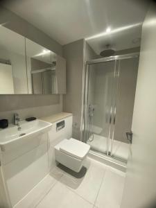 a bathroom with a shower and a toilet and a sink at Two bedroom apartment with 2 bathroom in London