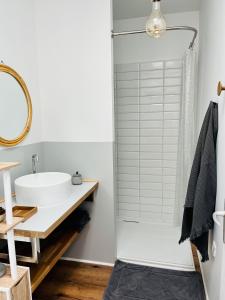 uma casa de banho com um lavatório e um chuveiro em Le p'tit canaulais - Logement entier - rez de jardin - paisible em Lacanau