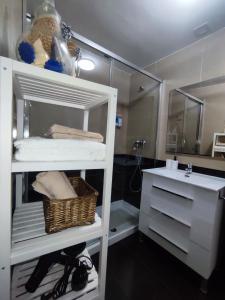 a bathroom with a sink and a white shelf at Apartamento Estrella de Teruel in Teruel