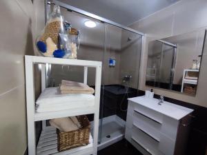 baño con ducha y estante blanco con lavamanos en Apartamento Estrella de Teruel en Teruel