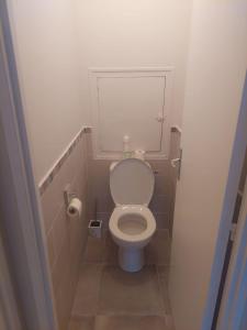 - une petite salle de bains avec toilettes dans une cabine dans l'établissement Appartement 5 personnes 52m2 avec Grand Salon et 1 chambre proche aéroport et gare, à Beauvais