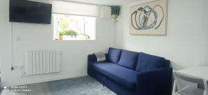Sofá azul en la sala de estar con ventana en Dungarvan Studio, en Kilkenny