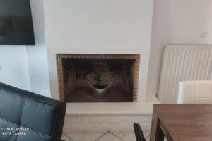 a living room with a brick fireplace with a potted plant at Eva's house in Kánithos