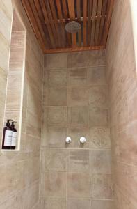 eine Dusche im Bad mit einer Decke in der Unterkunft Holâ Hotel in La Falda