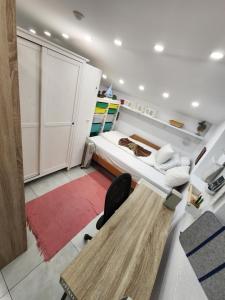 a small bedroom with a bed and a desk at Professor's Krunska Studio in Belgrade