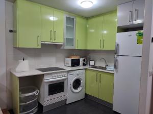 a kitchen with green cabinets and a washing machine at Apartamento Estrella de Teruel in Teruel