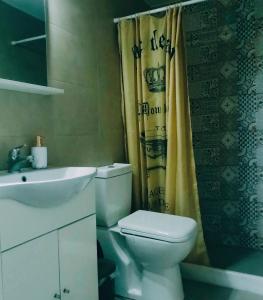 a bathroom with a toilet and a sink and a shower curtain at Stone House in Sitia