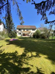 un cortile con una casa e un frisbee nell'erba di Eichendorff Garten Apartment, Nähe Universität und Röhrensee a Bayreuth