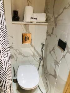 La salle de bains est pourvue de toilettes et de serviettes murales. dans l'établissement Appartement de luxe,au Cœur de casa, à Casablanca