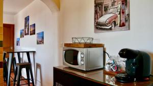 - un four micro-ondes assis sur une table et une télévision dans l'établissement Bas de villa vue mer & piscine, à Coti-Chiavari