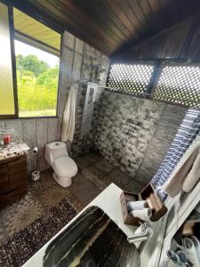 a bathroom with a sink and a toilet at Pitangus Lodge in Chachagua