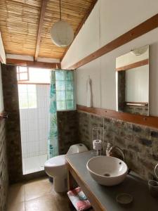 a bathroom with a sink and a toilet and a mirror at Casa de campo con piscina en Asia in Asia