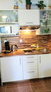 a kitchen with white cabinets and a sink and a microwave at Apartman LEO Nr. 8 Lipno nad Vltavou in Lipno nad Vltavou