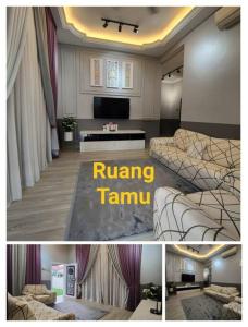 eine Collage mit zwei Bildern eines Wohnzimmers in der Unterkunft Homestay 4BR with Outdoor Pool in Pasir Gudang