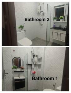 two pictures of a bathroom with a sink and a toilet at Homestay 4BR with Outdoor Pool in Pasir Gudang