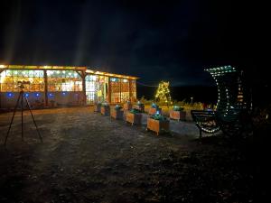 a lit up greenhouse with christmas lights at night at Glamping Cielo Roto in Sutamarchán