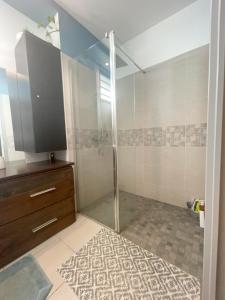 a bathroom with a shower and a television in it at Le Cocon Appartement Vue Mer et Montagne in Sainte-Marie