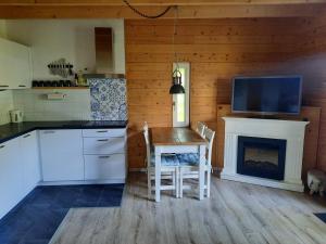a kitchen with a table and a tv and a fireplace at Chalet in Castricum