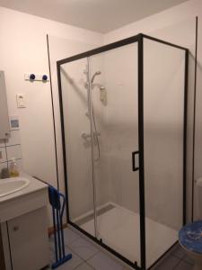 a shower with a glass door in a bathroom at La Varnière in Montier-en-Der