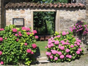 LermaにあるGuest house Gentile in Tagliolo Monferratoの石造りの建物の前にピンクの花が咲く庭園