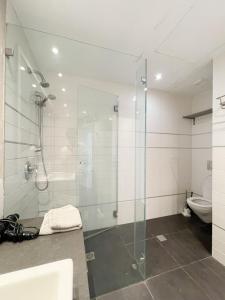 y baño con ducha de cristal y aseo. en Spacious cosy & renovated flat in central Tel Aviv, en Tel Aviv