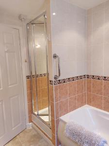 a bathroom with a shower and a tub and a toilet at Oil Mill Lane Holiday Cottage in Berwick-Upon-Tweed