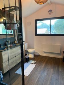 un bagno con wc e finestra di Maison 4 chbs avec jacuzzi, au pied de la piste cyclable a Lacanau-Océan Altre 17 foto