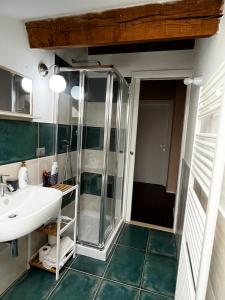 een badkamer met een wastafel en een douche bij trilocale notte nel loft di Lori 3 camere 1 bagno in Gubbio