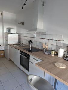 uma cozinha com electrodomésticos brancos, um lavatório e um balcão em appartement plein centre Saint die des Vosges em Saint-Dié-des-Vosges