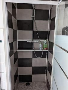uma casa de banho com um chuveiro com azulejos pretos e brancos em appartement plein centre Saint die des Vosges em Saint-Dié-des-Vosges