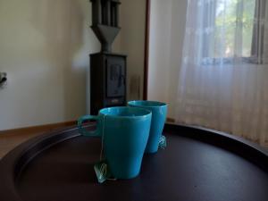 two blue cups sitting on top of a table at Tesla vikendica in Ledinci