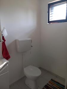 a white bathroom with a toilet and a window at Tesla vikendica in Ledinci