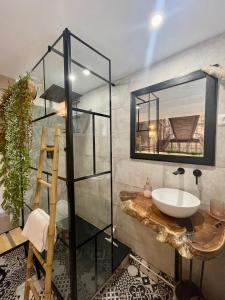 La salle de bains est pourvue d'un lavabo et d'un miroir. dans l'établissement Hôtel Auberge Provençale, à Saint-Raphaël
