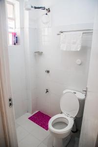 uma pequena casa de banho com um WC e um tapete rosa em Luxurious studio apartment in Nakuru em Nakuru