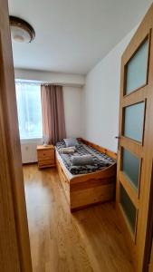 a bedroom with a bed and a window and a door at Tatry Ela Big apartment in Vysoké Tatry