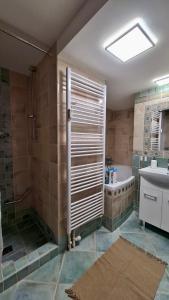 een badkamer met een douche, een bad en een wastafel bij Tatry Ela Big apartment in Vysoké Tatry