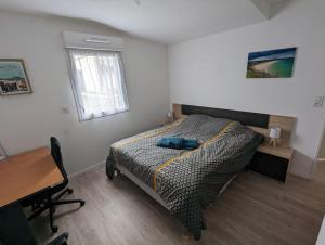um quarto com uma cama, uma secretária e uma janela em Maison récente à 15 minutes de la plage em Dinard