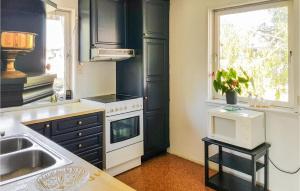 a kitchen with black cabinets and a white stove top oven at 4 Bedroom Pet Friendly Home In Sgne in Søgne