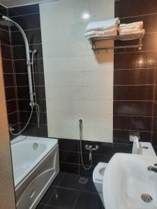 La salle de bains est pourvue d'un lavabo, de toilettes et d'une douche. dans l'établissement Issam Hotel & Spa Sheki, à Shaki