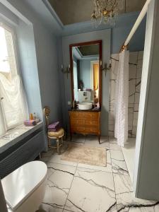 La salle de bains est pourvue d'une baignoire, d'un lavabo et d'un miroir. dans l'établissement Maison d'Hercule, à Mayenne